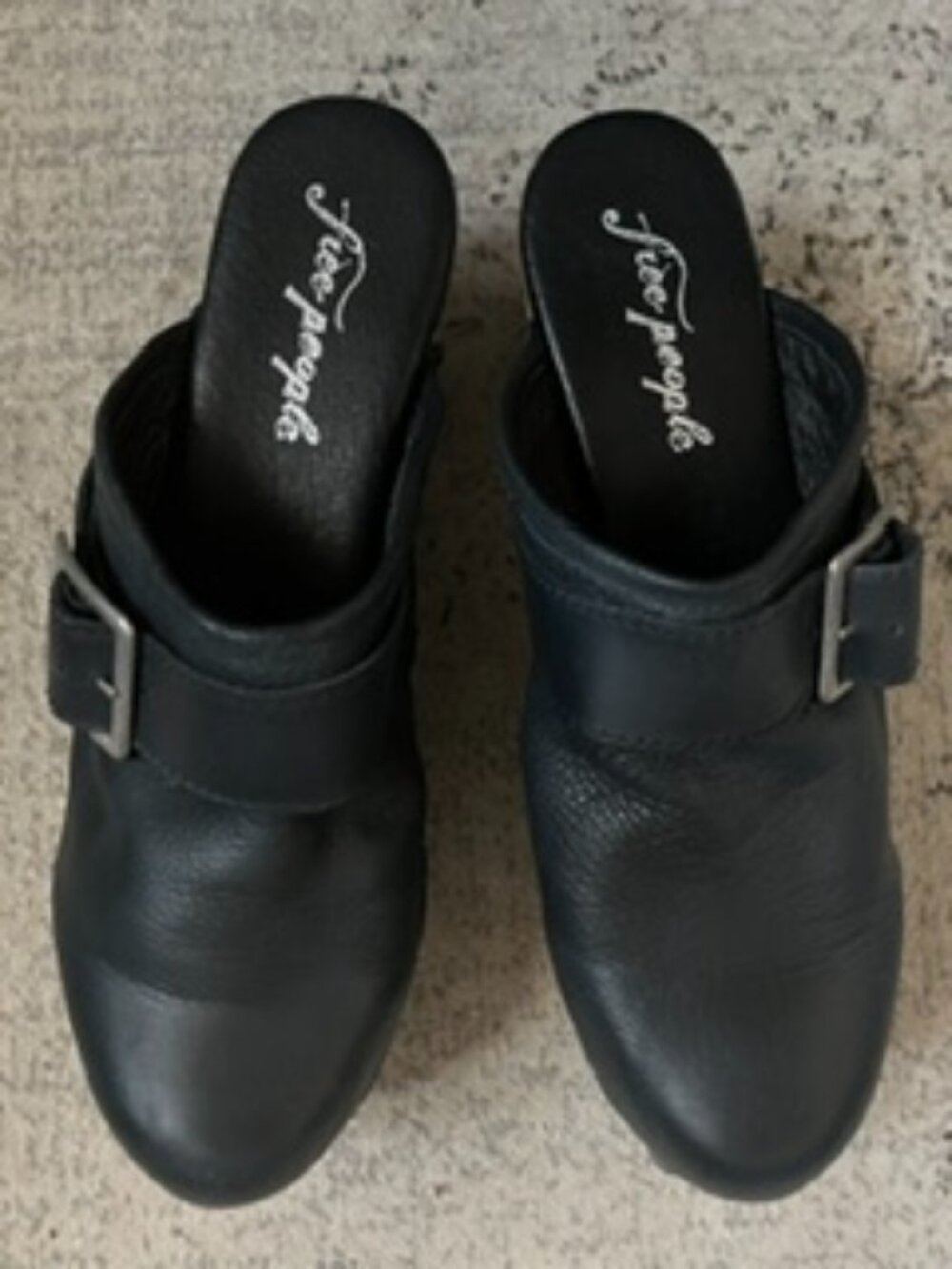 Free People Black Leather Silver Buckles Clogs Thick Wooden Platform 40